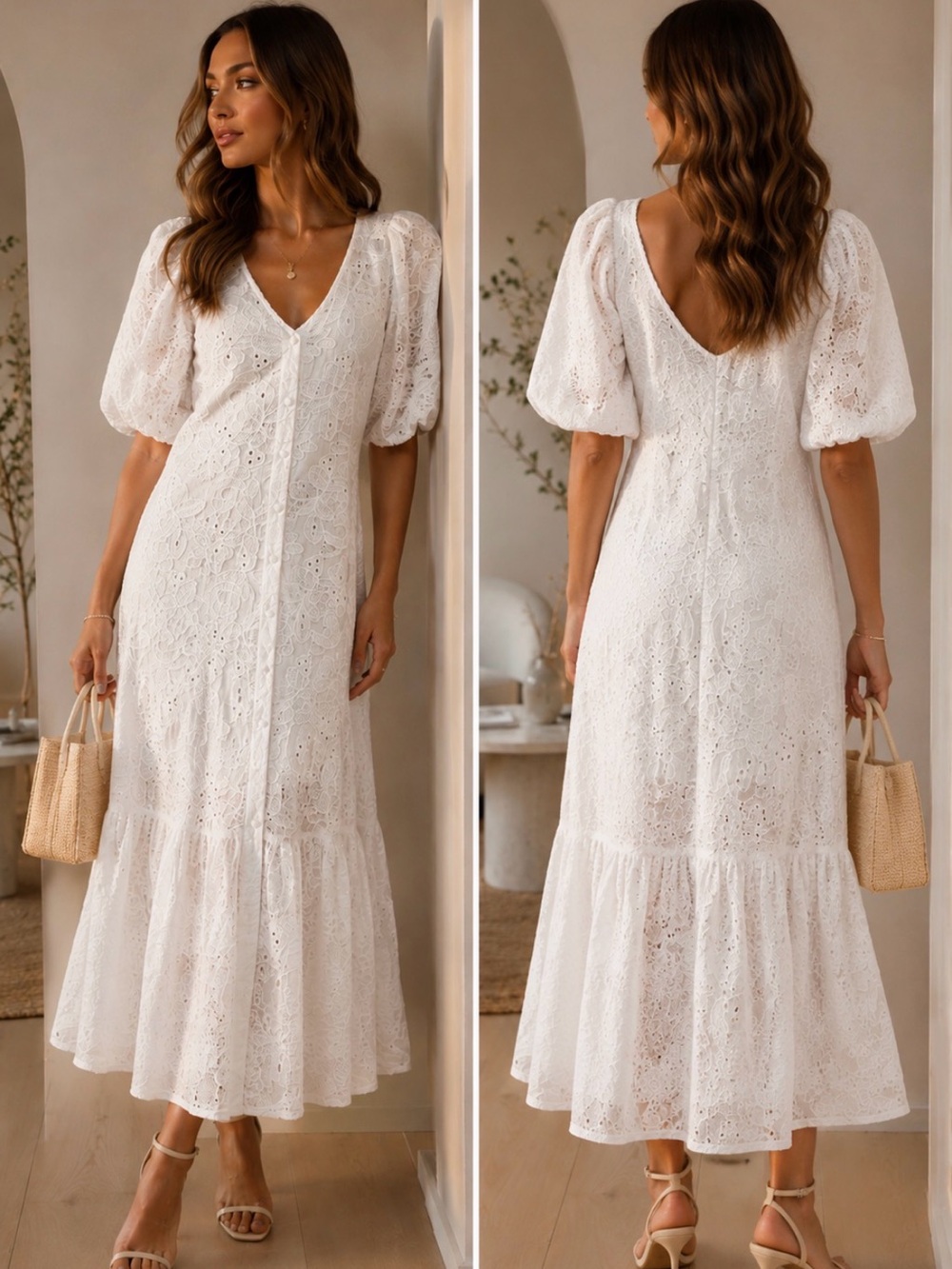 Zara White Eyelet Maxi Dress with Puff Sleeves